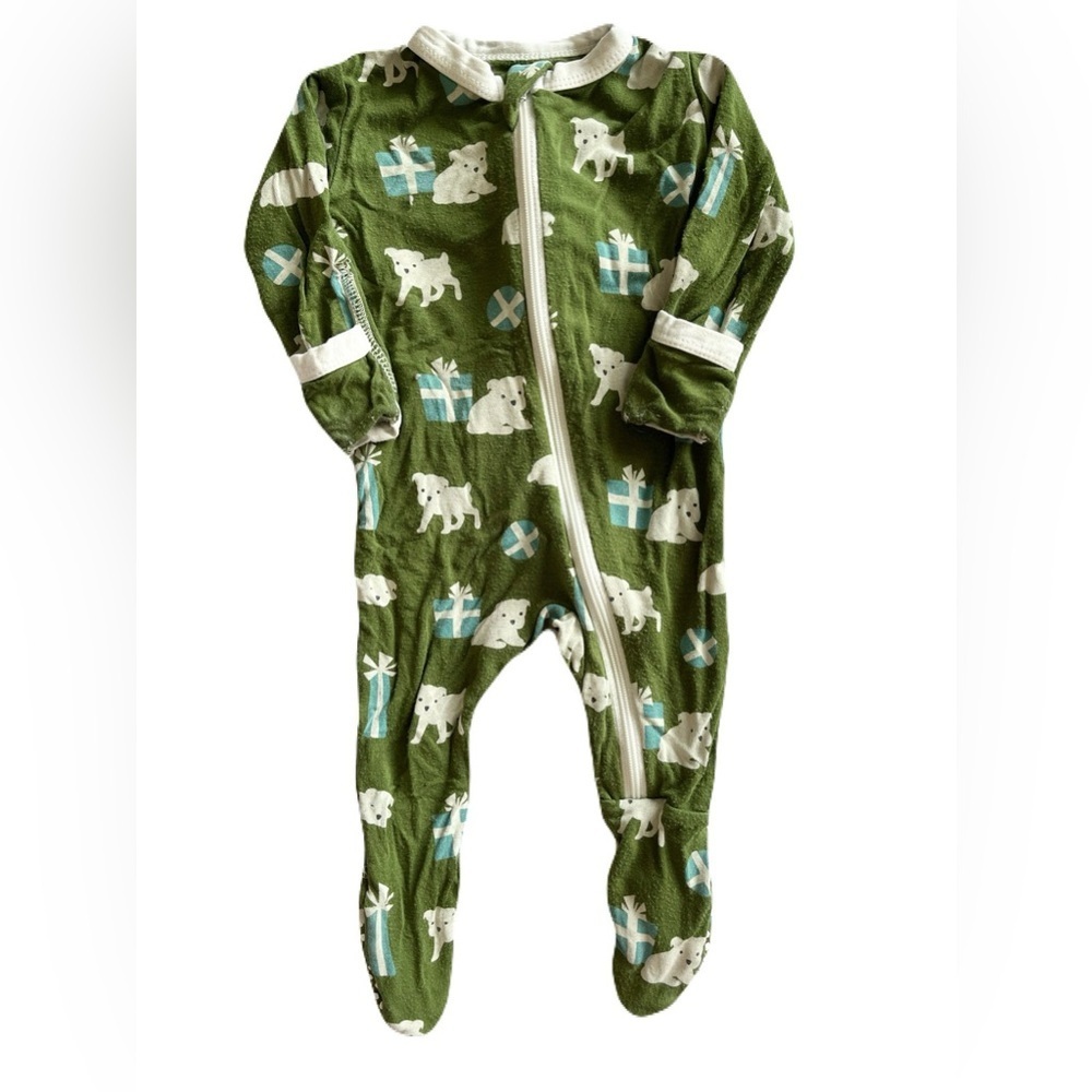 Kickee Pants Green and White Puppy and Present Footed One Piece Sleeper